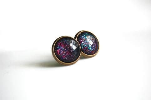 Antiqued Brass Glitter Post Earrings - rainbow galaxy glitter - space nebula galaxy
