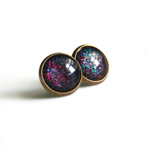 Antiqued Brass Glitter Post Earrings - rainbow galaxy glitter - space nebula galaxy