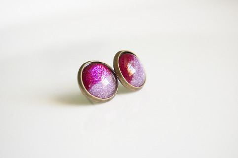 Antiqued Brass Glitter Post Earrings - Valentine's - red and pink glitter