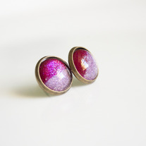 Antiqued Brass Glitter Post Earrings - Valentine's - red and pink glitter