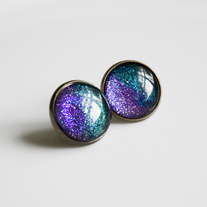 Large Antiqued Brass Glitter Post Earrings - purple blue glitter split