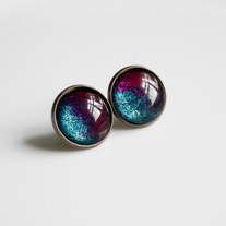 Large Antiqued Brass Glitter Post Earrings - blue pink glitter split