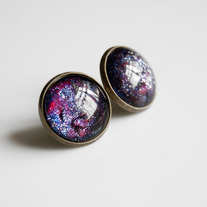 Large Antiqued Brass Glitter Post Earrings - red silver black blue space nebula