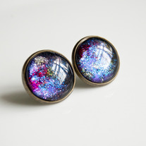 Large Antiqued Brass Glitter Post Earrings - rainbow glitter