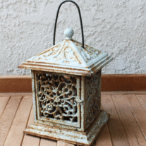 Vintage Cast Iron Tea Light Lantern - Chippy Blue
