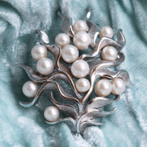 Signed Crown Trifari Silvertone and Faux Pearl Brooch