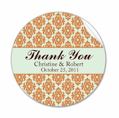 20 Damask Ivory & Tangerine Thank You Stickers