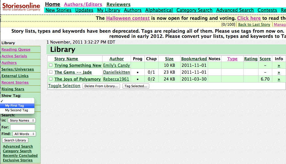 Tags menu in the library