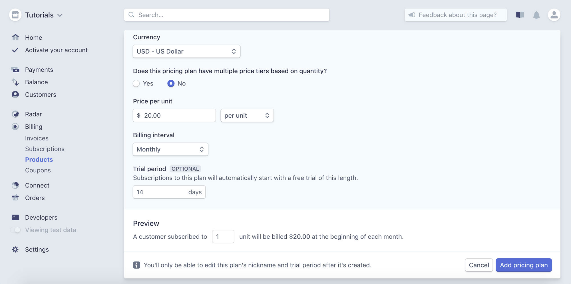 Adding a Plan to your Product in the Stripe Dashboard, Part 2