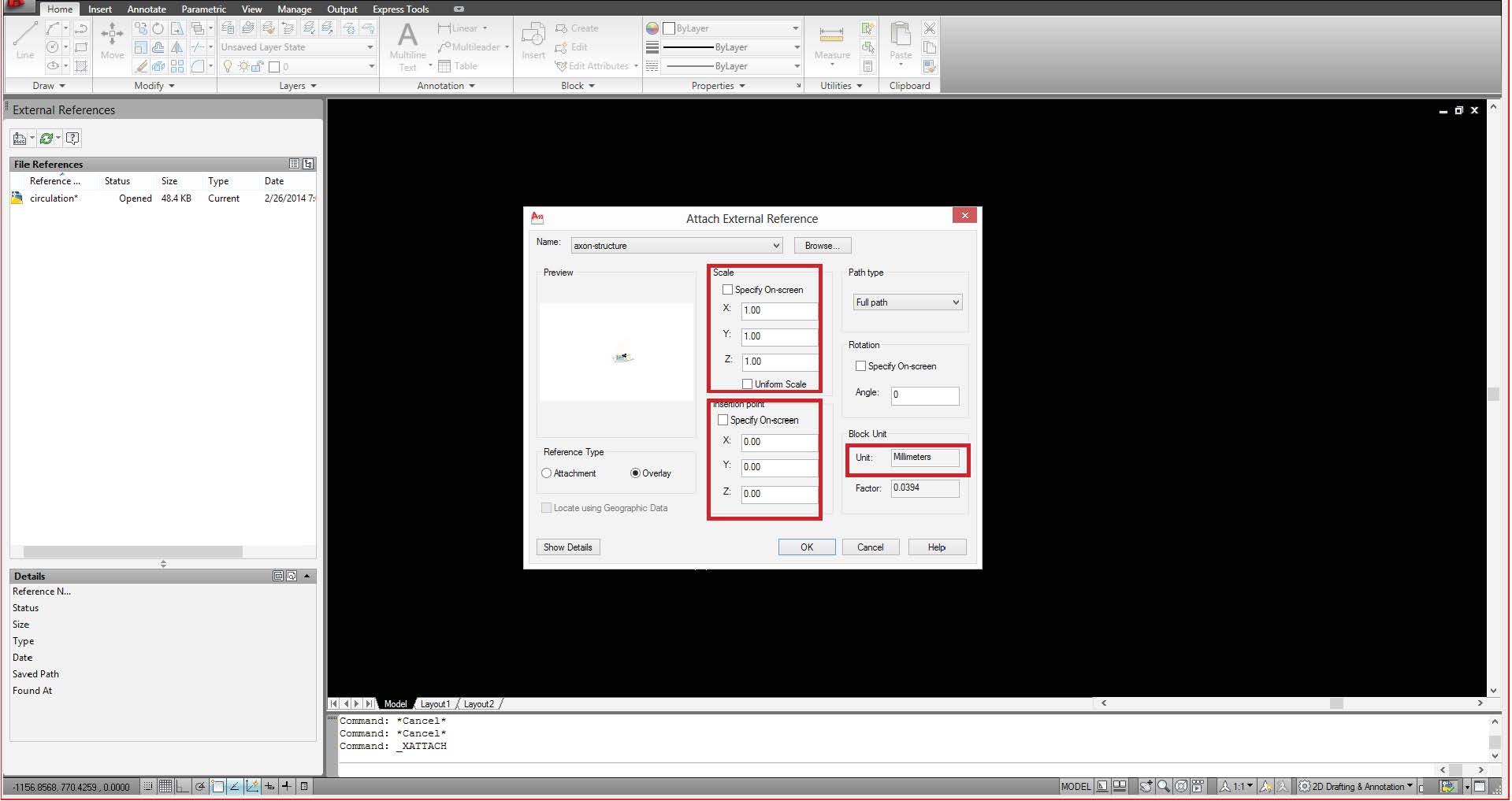 autocad xref display settings