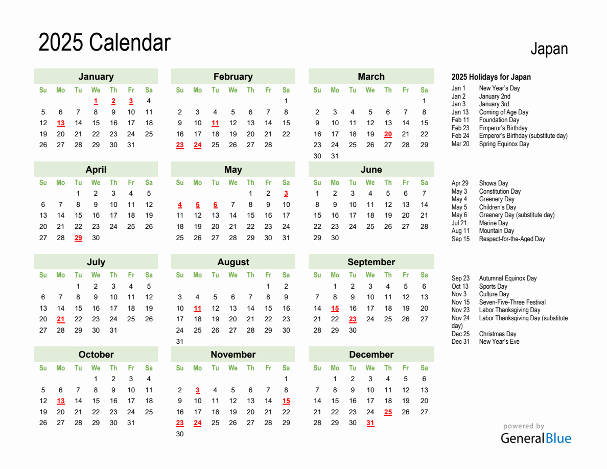 Thumbnail of Holiday Calendar 2025 for Japan (Sunday Start)