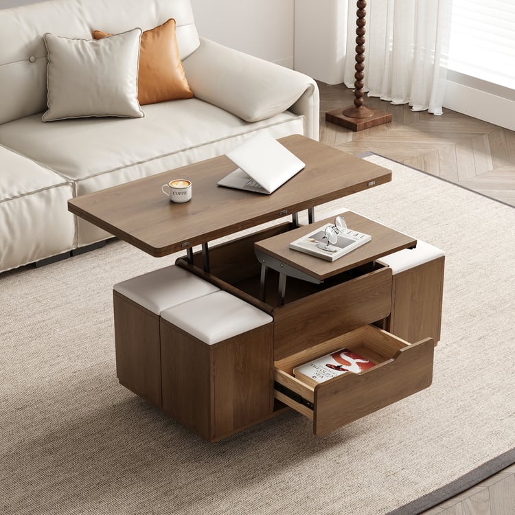 Thumbnail of 39" Lift-Top Foldable Walnut Coffee Table with 4 Stools & Storage | Homary