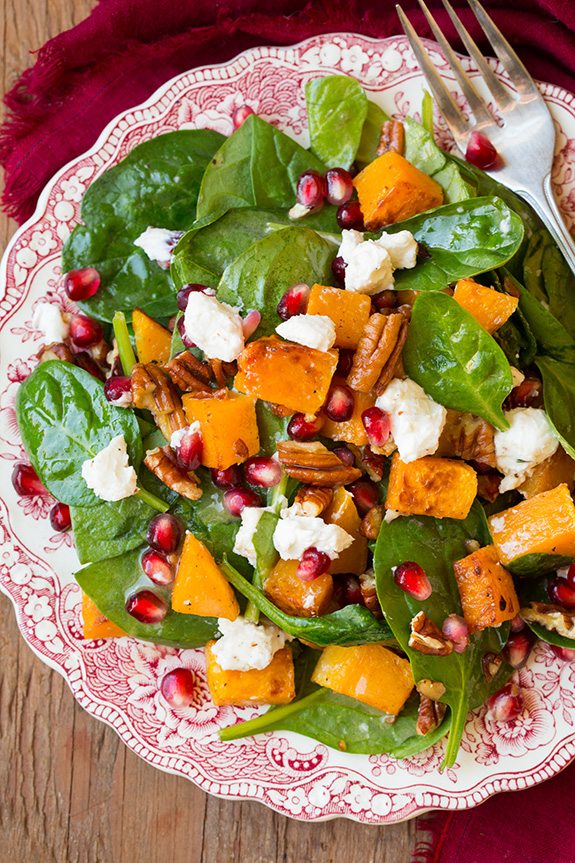 Butternut Squash Pomegranate and Goat Cheese Spinach Salad with Red Wine Vinaigrette