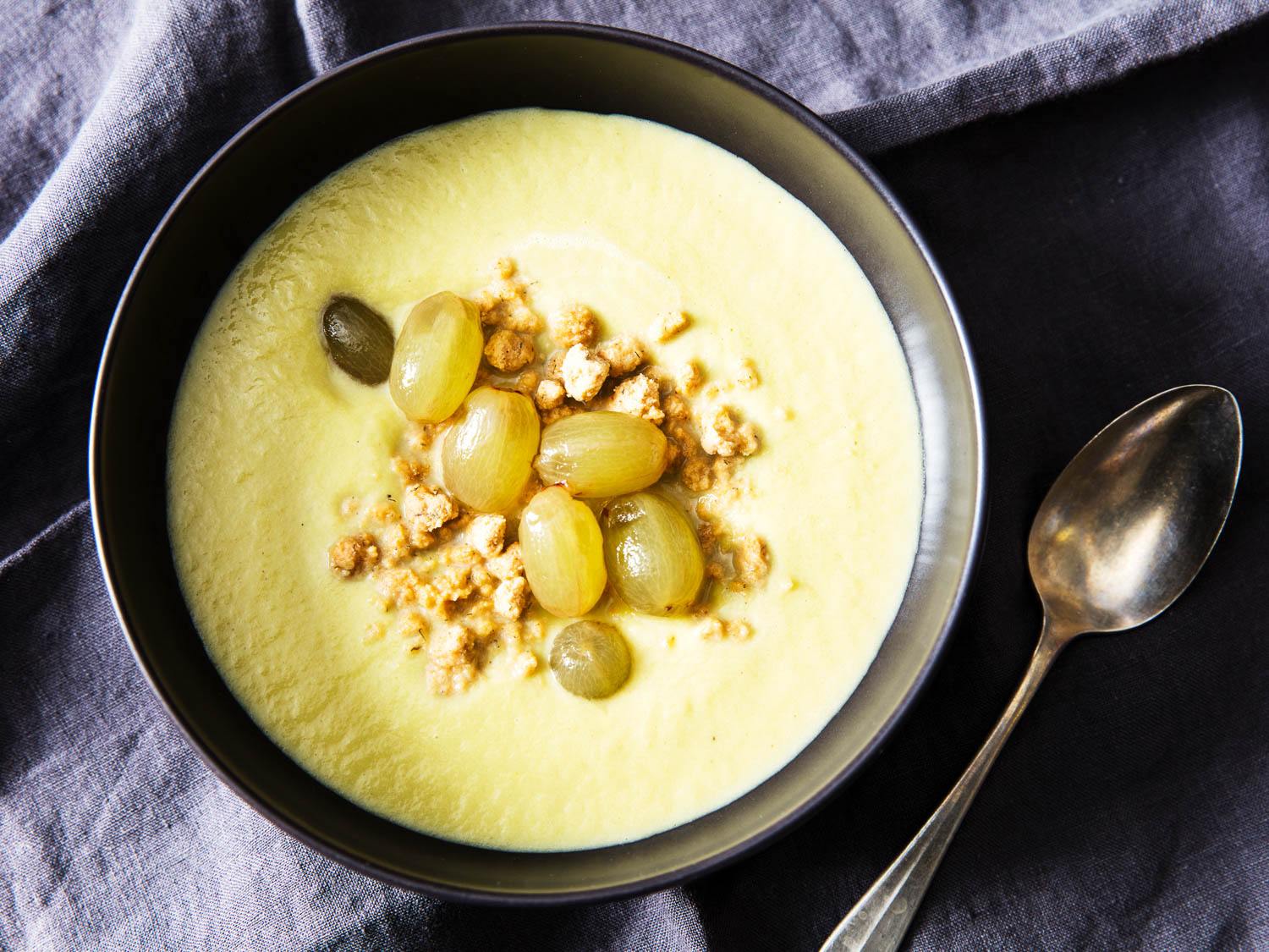 Celery Soup With Peanut Crumble and Pickled Grapes Recipe