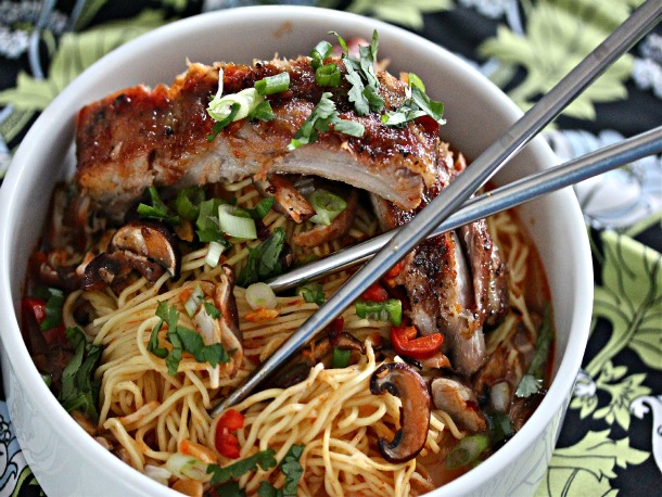 Chinese Noodles with Baked Sriracha Ribs Recipe
