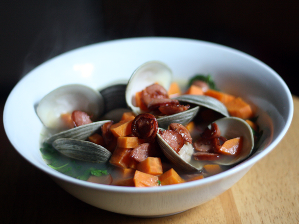 Clams with Sweet Potato Smoked Sausage and Watercress Recipe