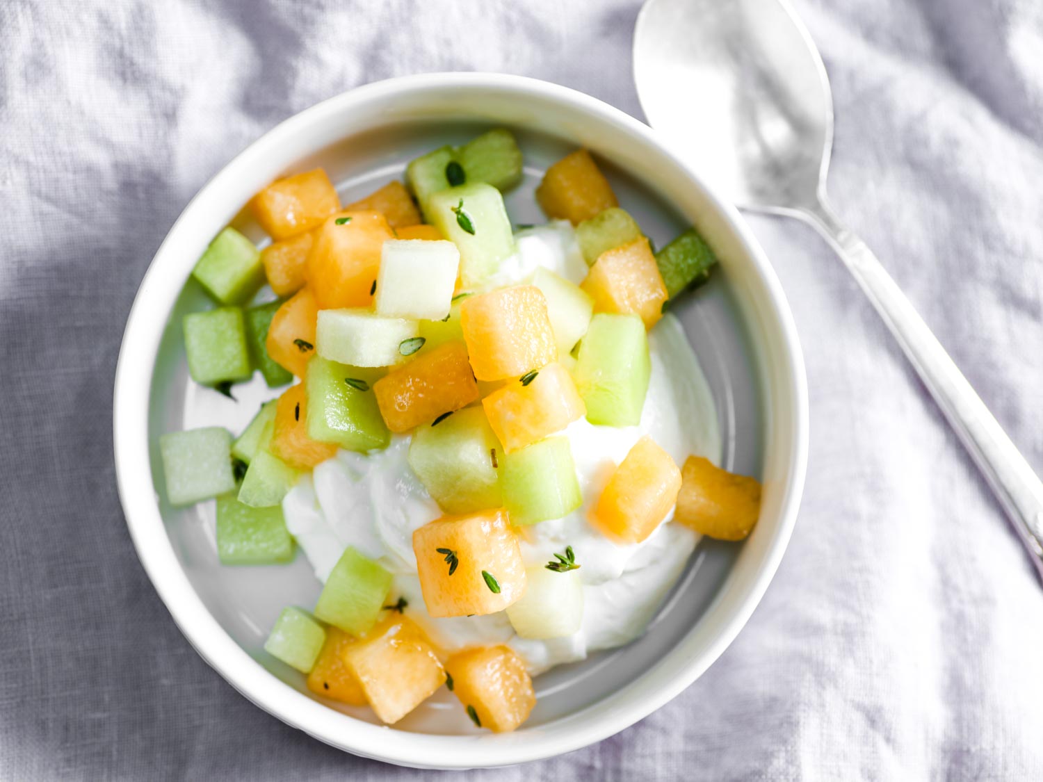 Fresh Cantaloupe and Honeydew Salad With Lemon and Thyme Recipe