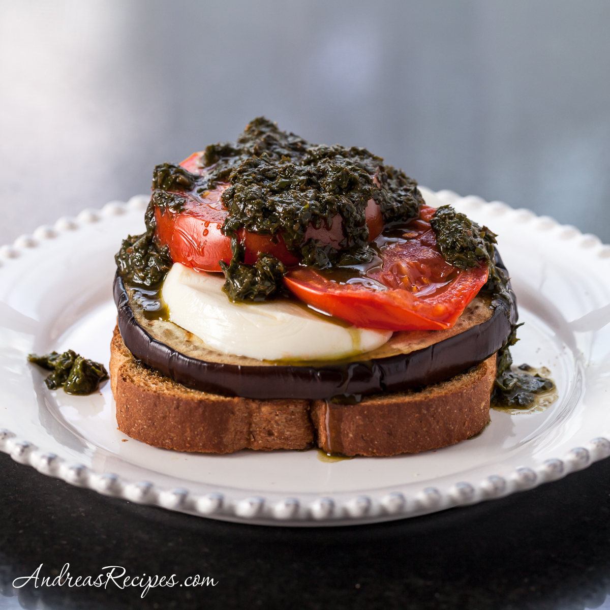 Open-Faced Grilled Eggplant Sandwich with Pesto, Tomatoes, and Fresh Mozzarella