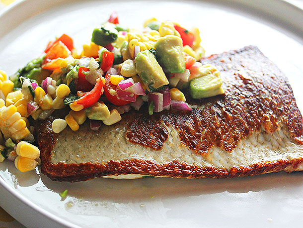 Pan-Fried Whitefish With Corn, Avocado, Lime and Basil Relish Recipe