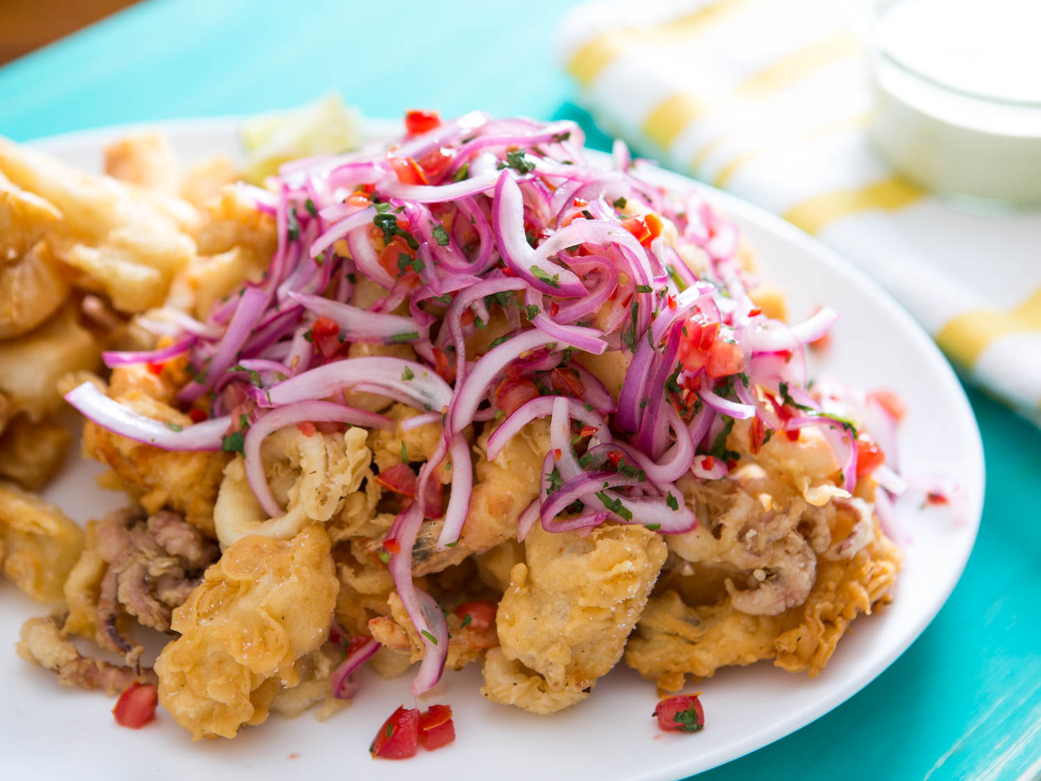 Peruvian Fried Seafood Platter With Lime-Marinated Onion and Tomato Salad  Recipe