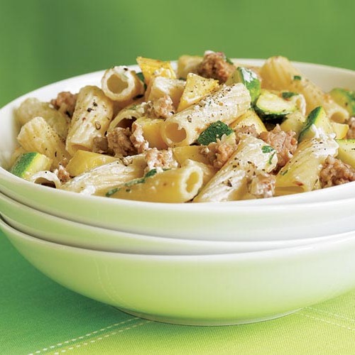 Rigatoni with Summer Squash, Spicy Sausage & Goat Cheese
