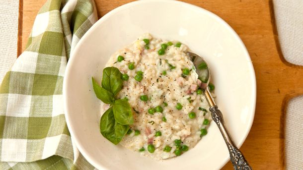 Risotto with Spring Peas, Ham, and Fontina Cheese Recipe