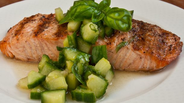 Serious Salads: Grilled Salmon With Cucumber Basil Salad Recipe
