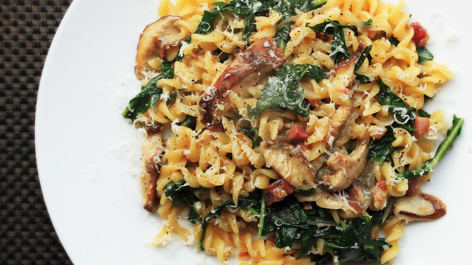 Skillet Pasta With Mushrooms, Pancetta, and Wilted Greens Recipe