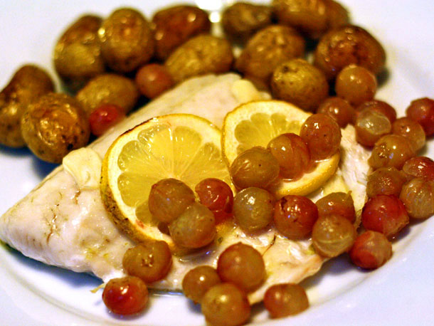 Walleye With Roasted Grapes and Fingerling Potatoes Recipe