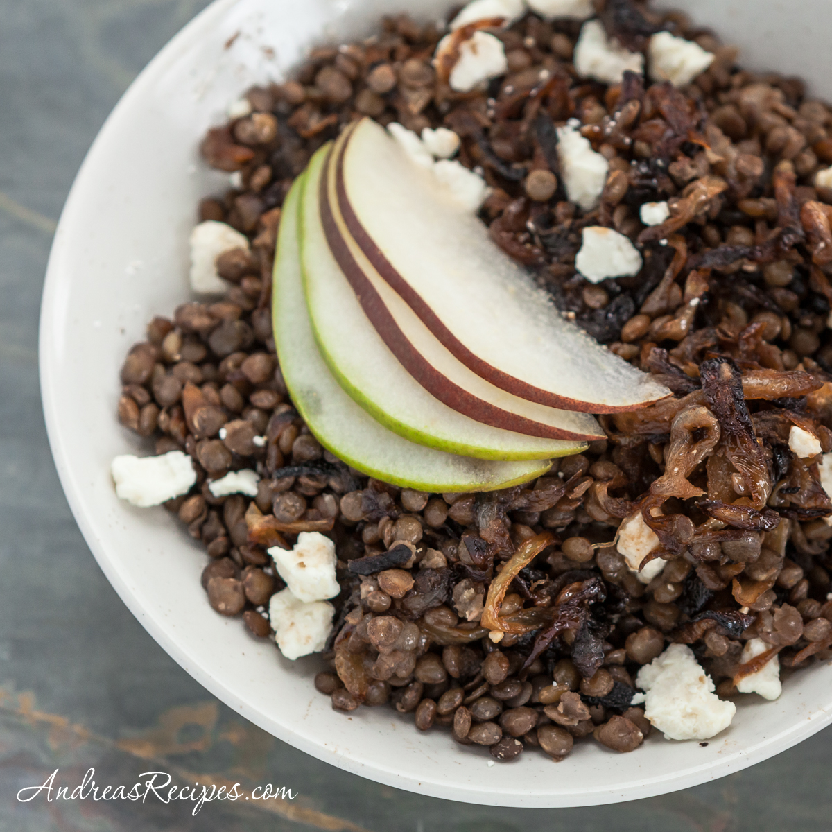 Warm Green Lentil Salad with Caramelized Onions, Feta Cheese, and Pears
