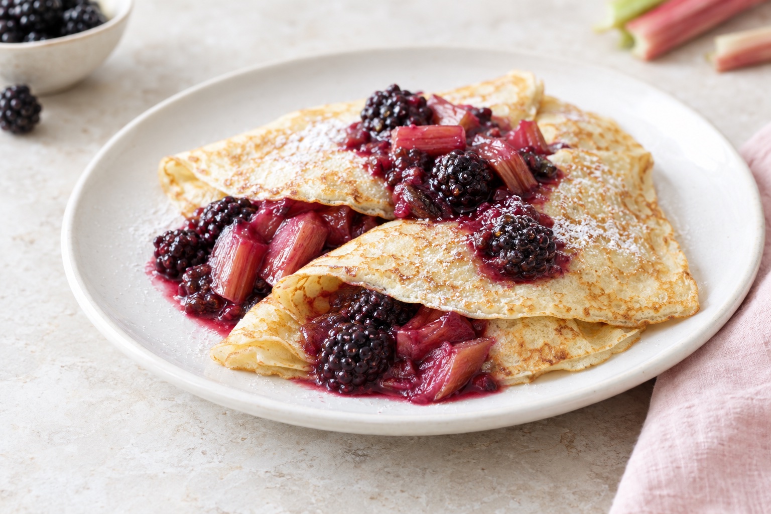 Crepes with Blackberry-Rhubarb Compote
