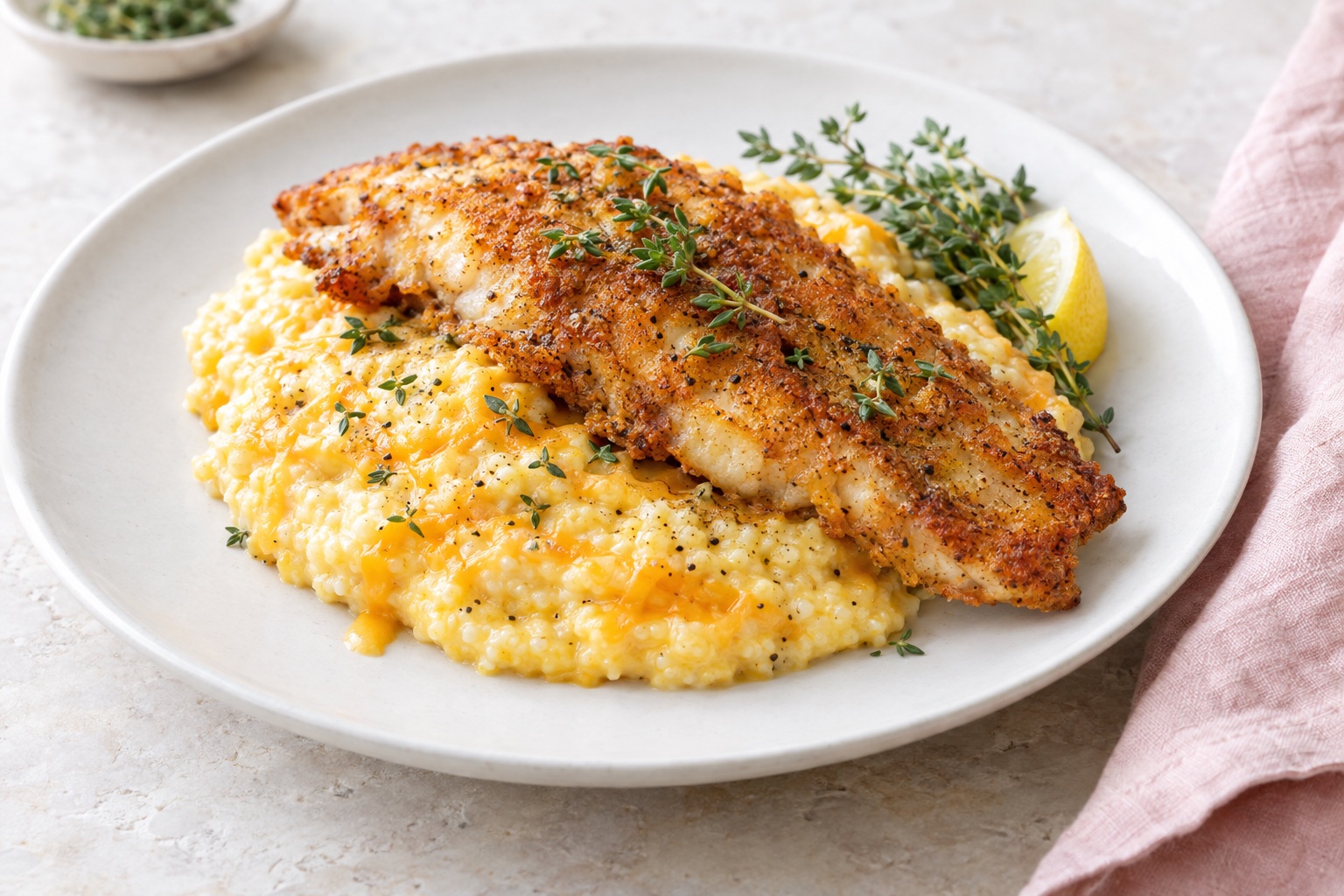 Fried Fish with Cheddar-Thyme Grits