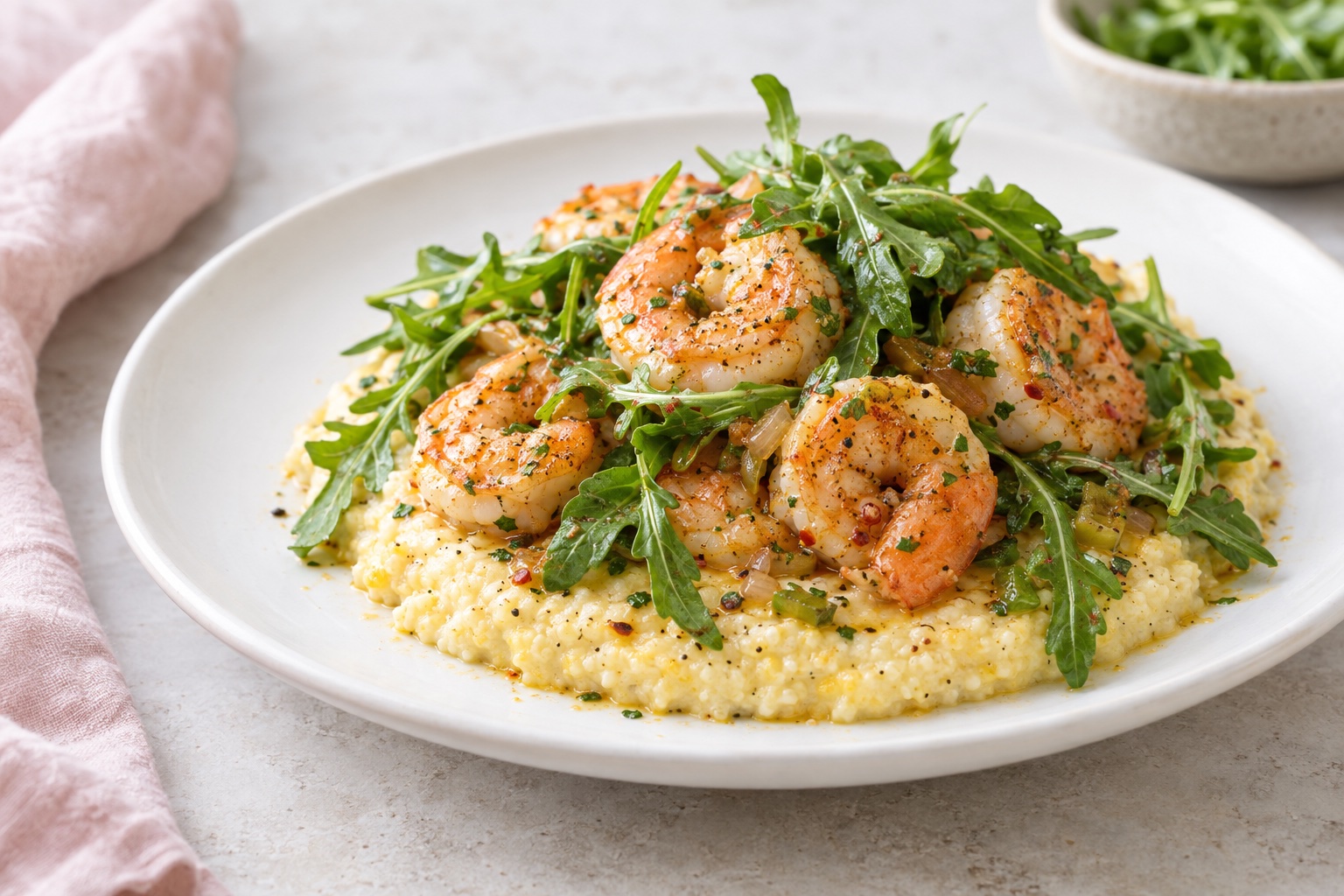 Shrimp and Grits with Arugula
