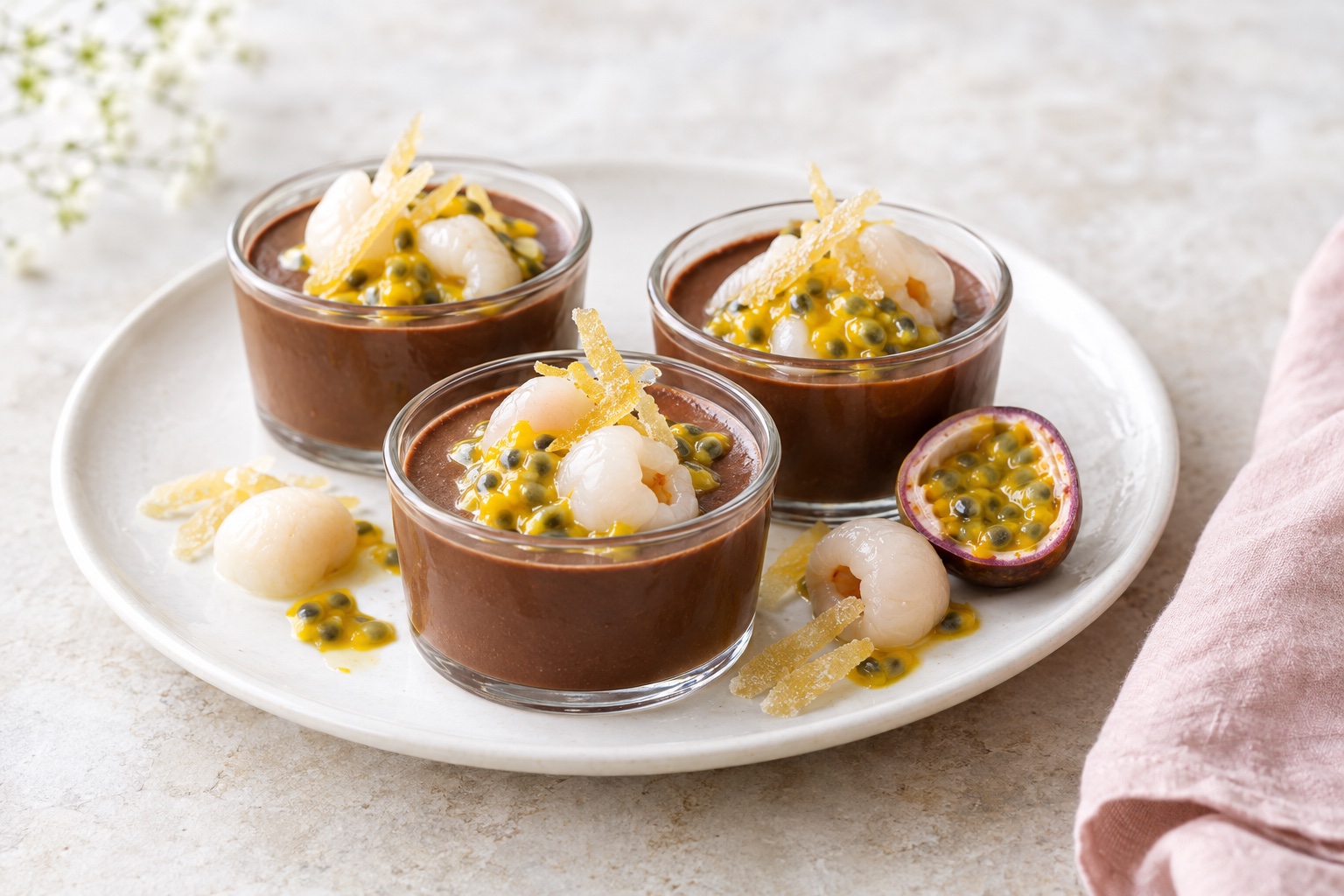 Chocolate and Passion Fruit Pots De Crème with Lychees and Candied Ginger