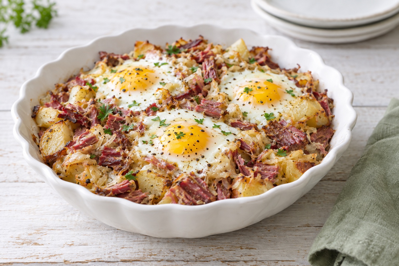 Sugar Hash Baked Eggs with Corned Beef and Sauerkraut Hash Recipe | Sugarlaws