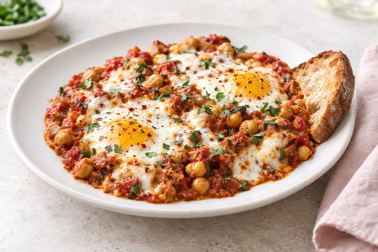 Baked Eggs with Spicy Tomato Sauce, Chickpeas, and Mozzarella