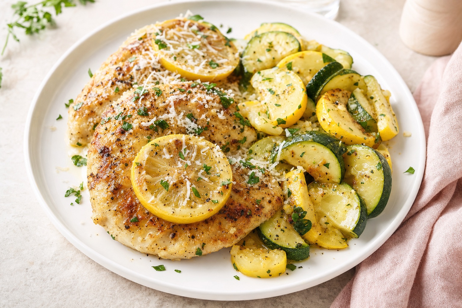 Skillet Lemon Parmesan Chicken with Zucchini and Squash