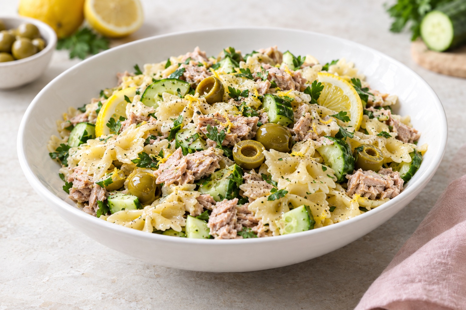 Tuna Pasta Salad with Lemon, Green Olives, and Cucumbers