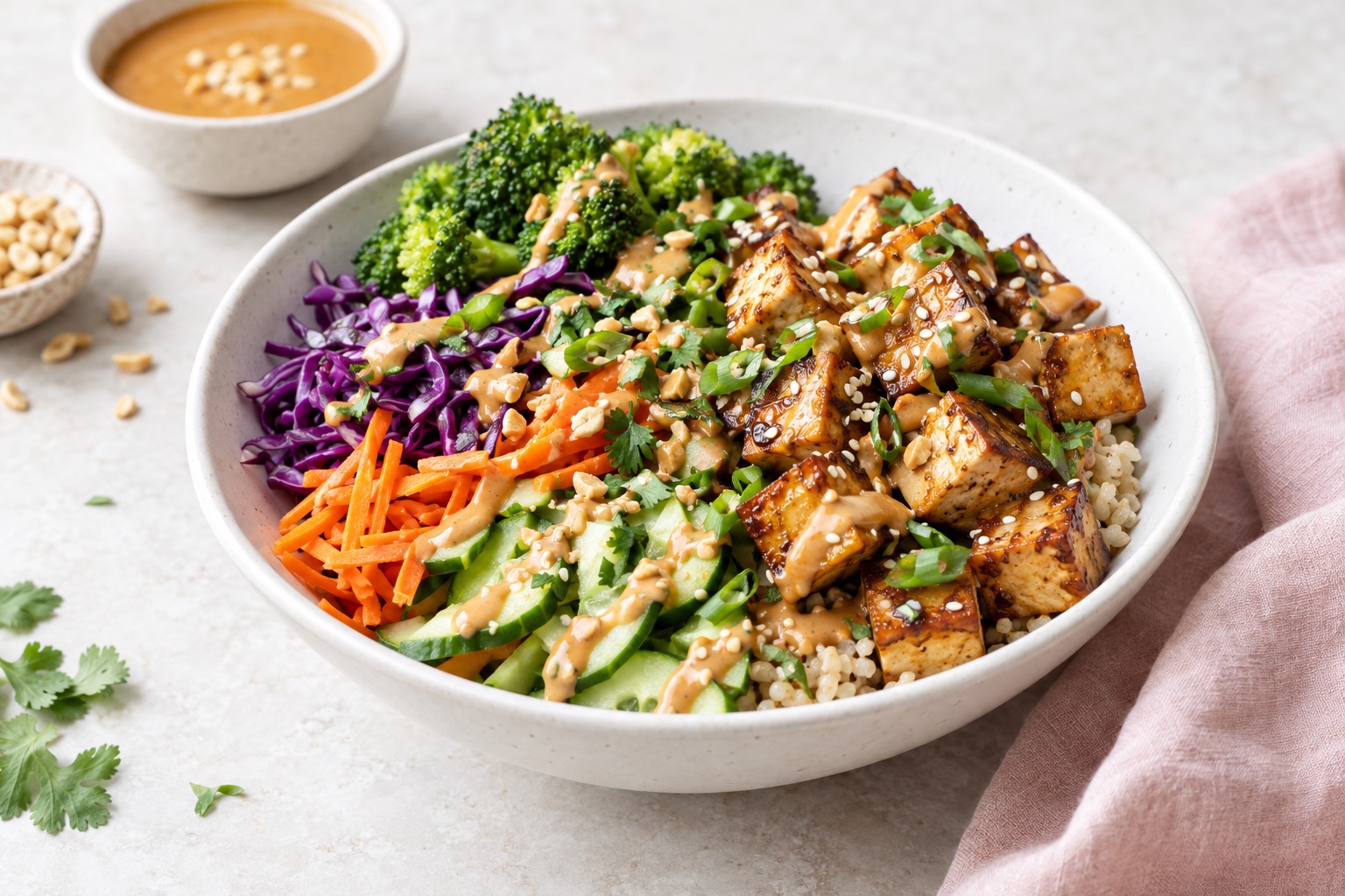 Soy Marinated Tofu Bowls with Spicy Peanut Sauce