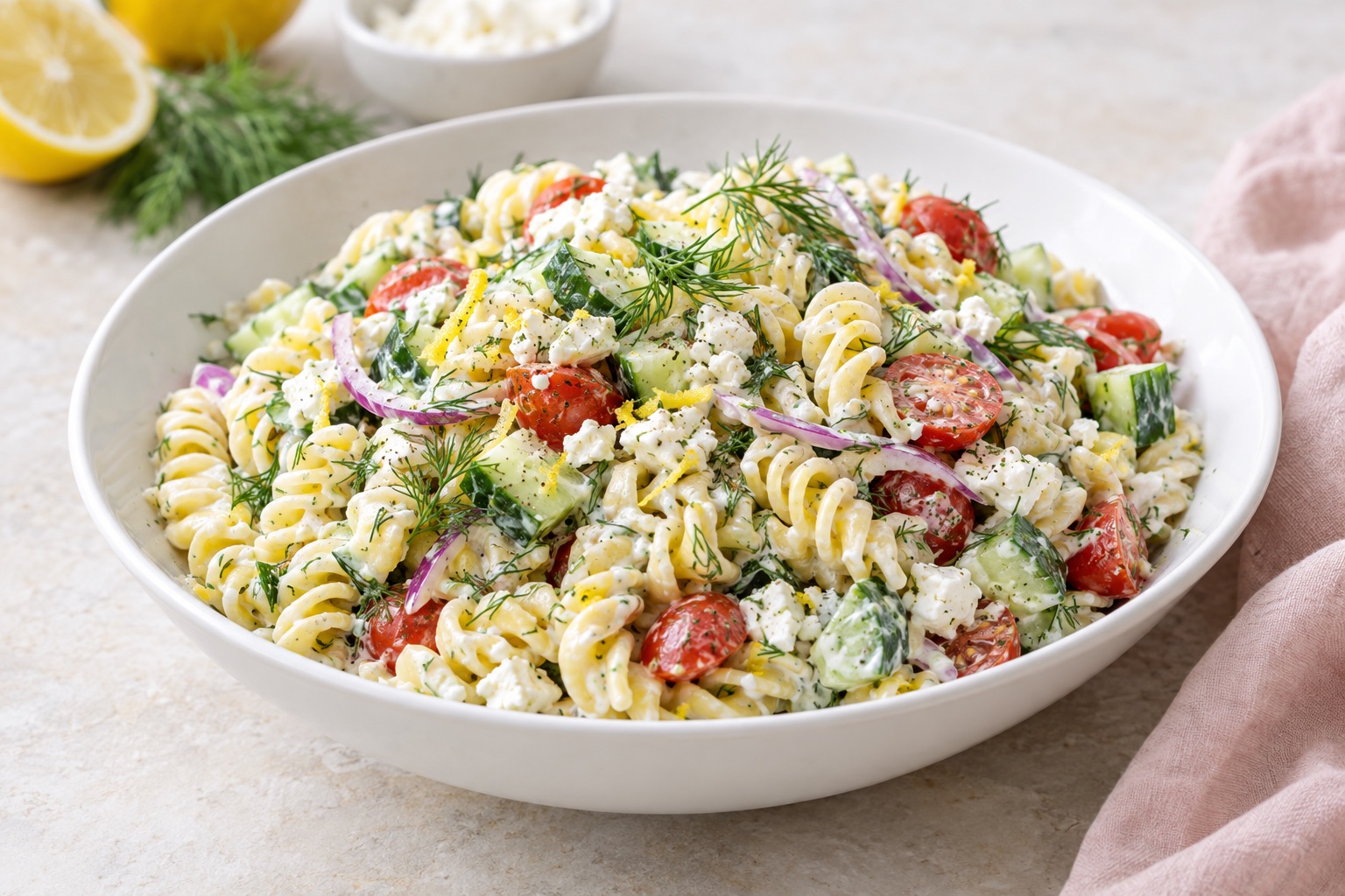 Creamy Lemon Dill Greek Pasta Salad