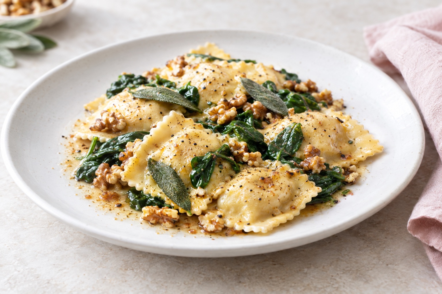 Ravioli with Sage Brown Butter Sauce, Spinach, and Walnuts
