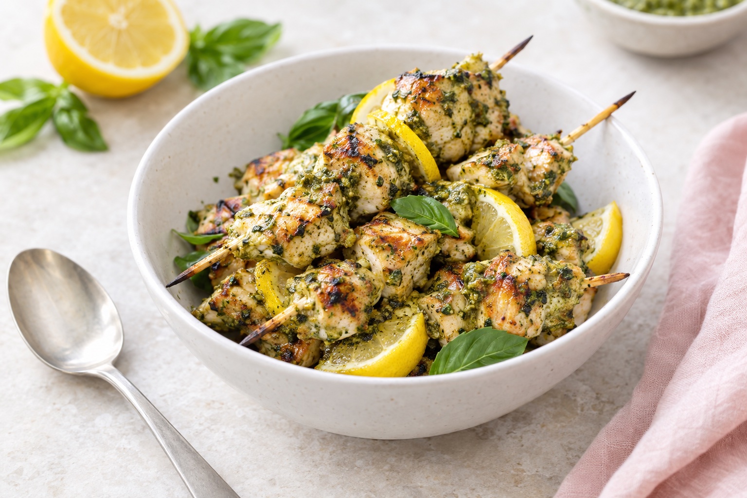 Ultra Easy Pesto Lemon Chicken Kabobs