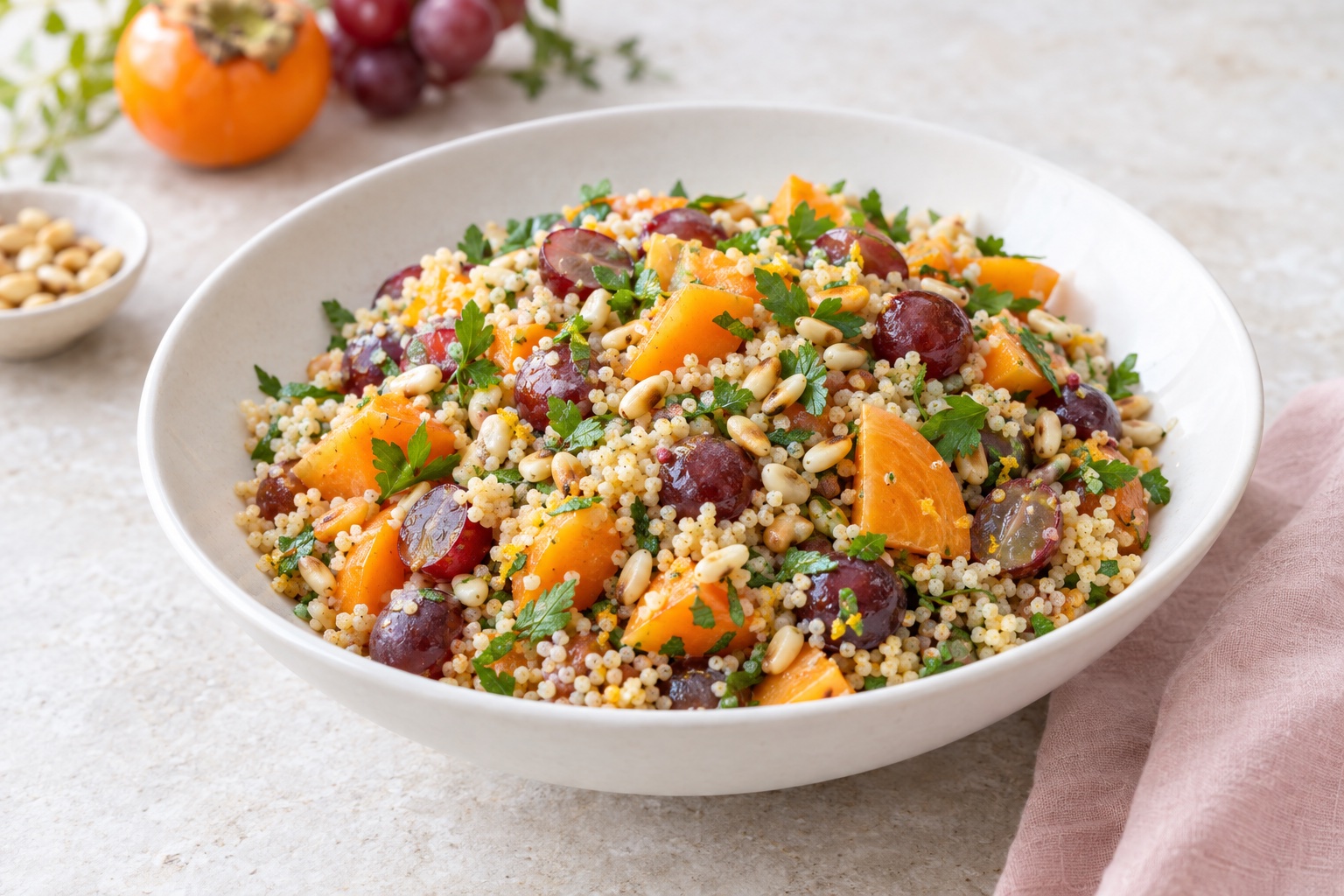 Whole Wheat Couscous Salad with Persimmon, Grapes, and Pine Nuts