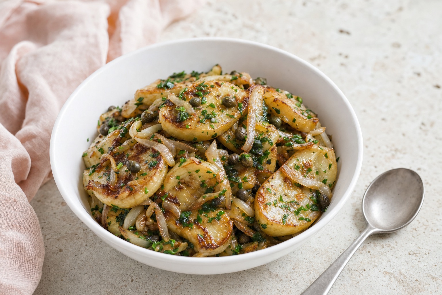 Pan-Fried White Eggplant with Onion, Caper, and Herb Sauce