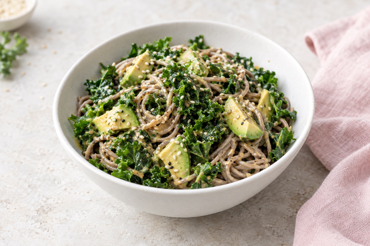 Cold Soba Noodles with Kale, Avocado, and Miso-Sesame Dressing