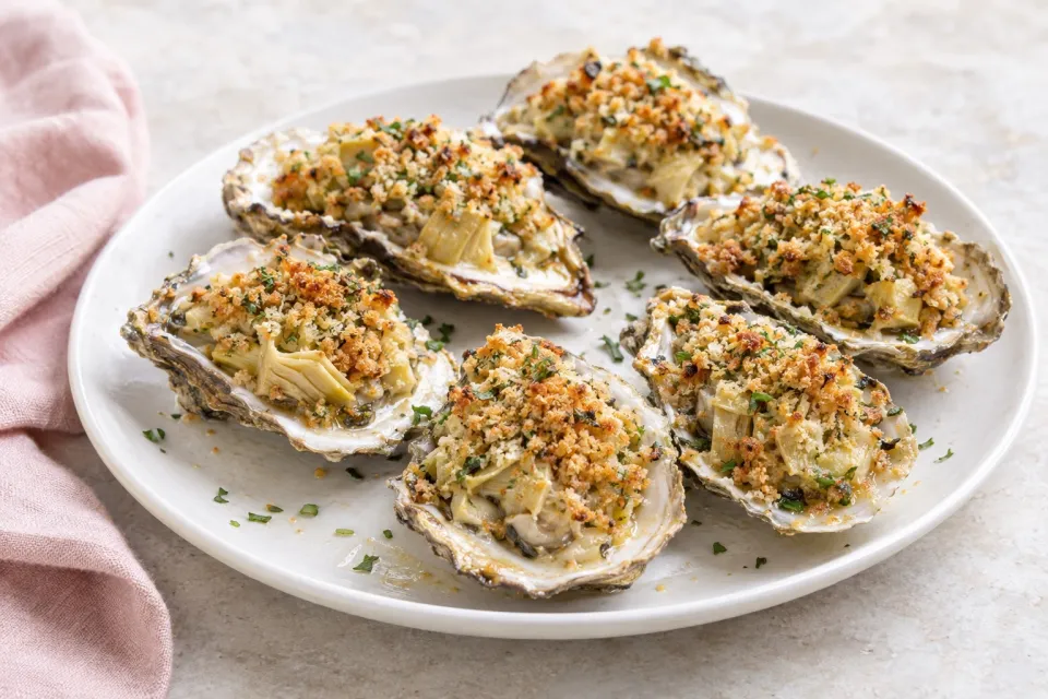 Alton Brown's Baked Oysters with Artichoke and Panko Crumbs