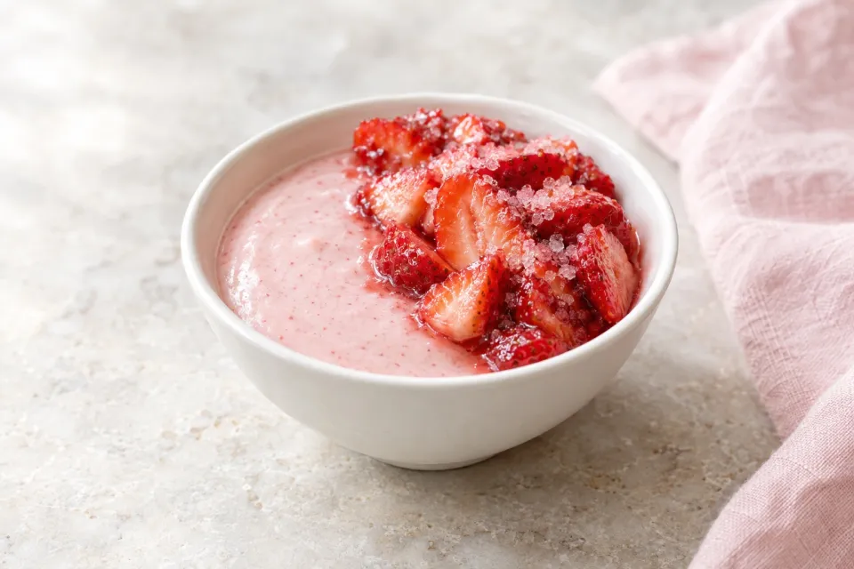 Strawberry Pudding and Macerated Strawberries with Strawberry Sugar