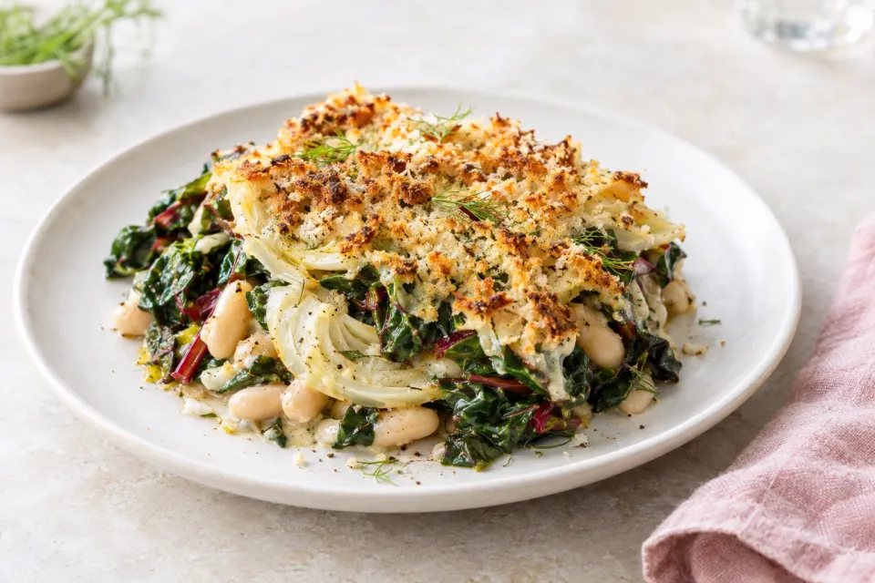 Swiss Chard, Fennel, and White Bean Gratin
