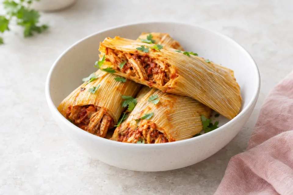 Tamales with Red Chili and Chicken Filling