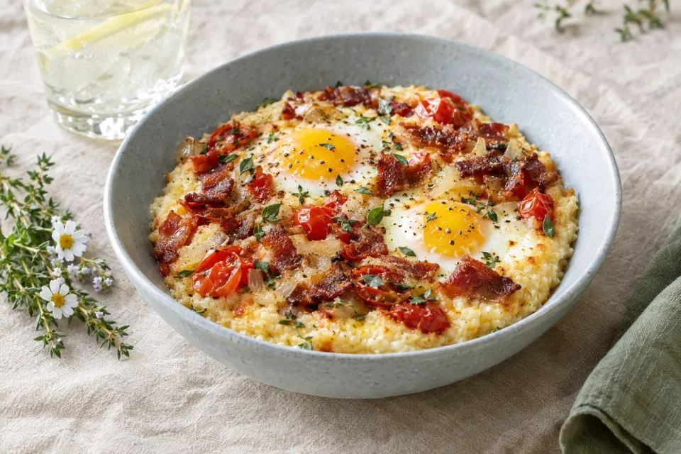 Eggs Baked on Grits with Bacon and Tomatoes